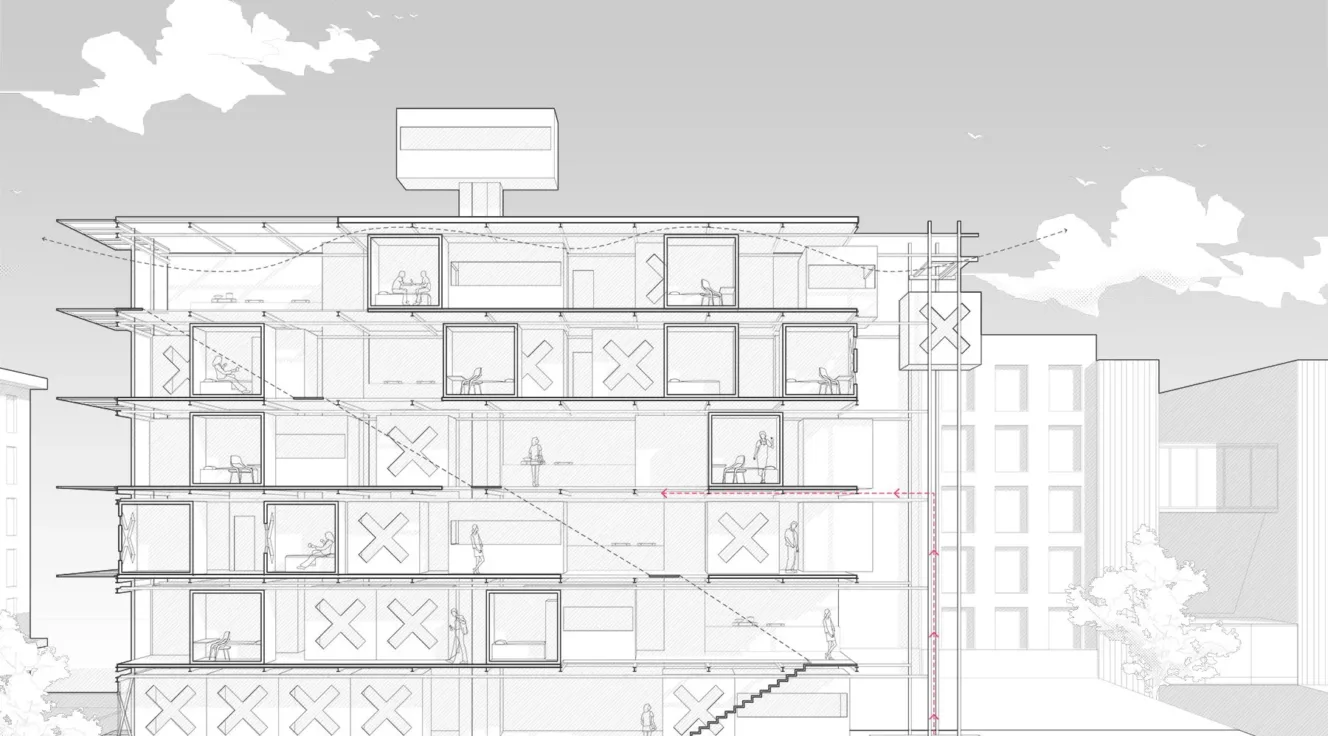 Section perspective of building in black and white 