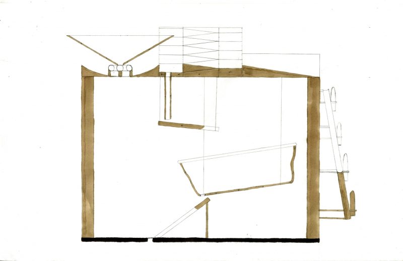 Section drawing of roof that collects water 