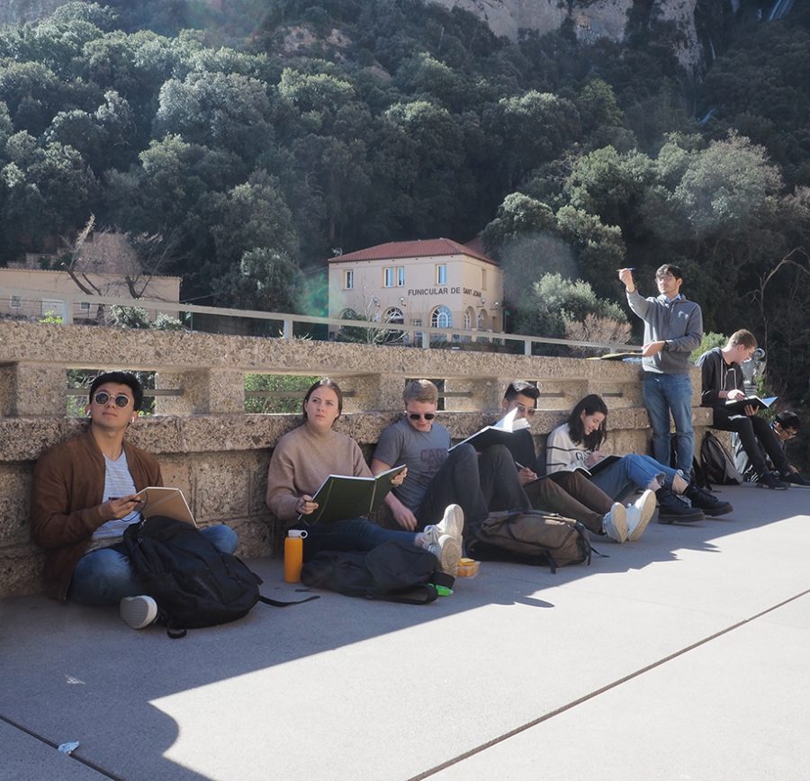 Students sketching outside in Monserrat