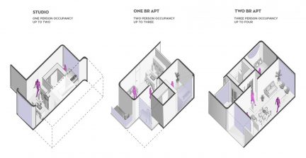 three cut-away axons of apartment designs 