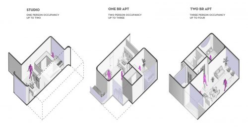 three cut-away axons of apartment designs 