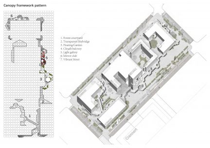 Plan and oblique site drawing with hexagonal grid underlay 