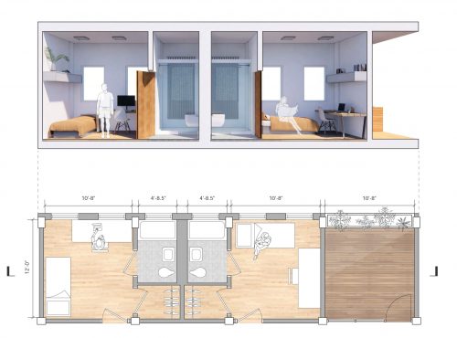 rendered section and plan of new dorm room designs 