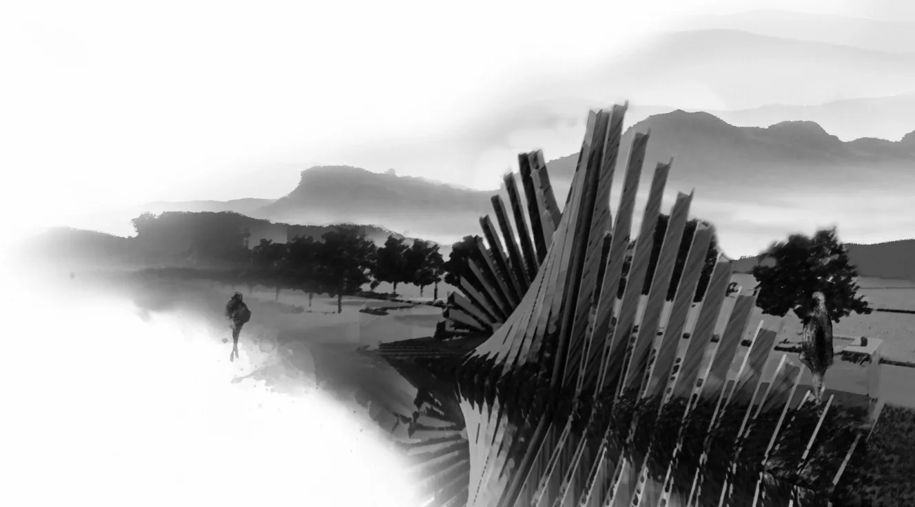 black and white rendering of striated form in water with mountains behind 