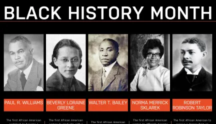 graphic celebrating black history month, with five black architects and their biographies 