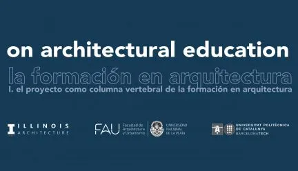 "on architectural education" announcement poster with white text 