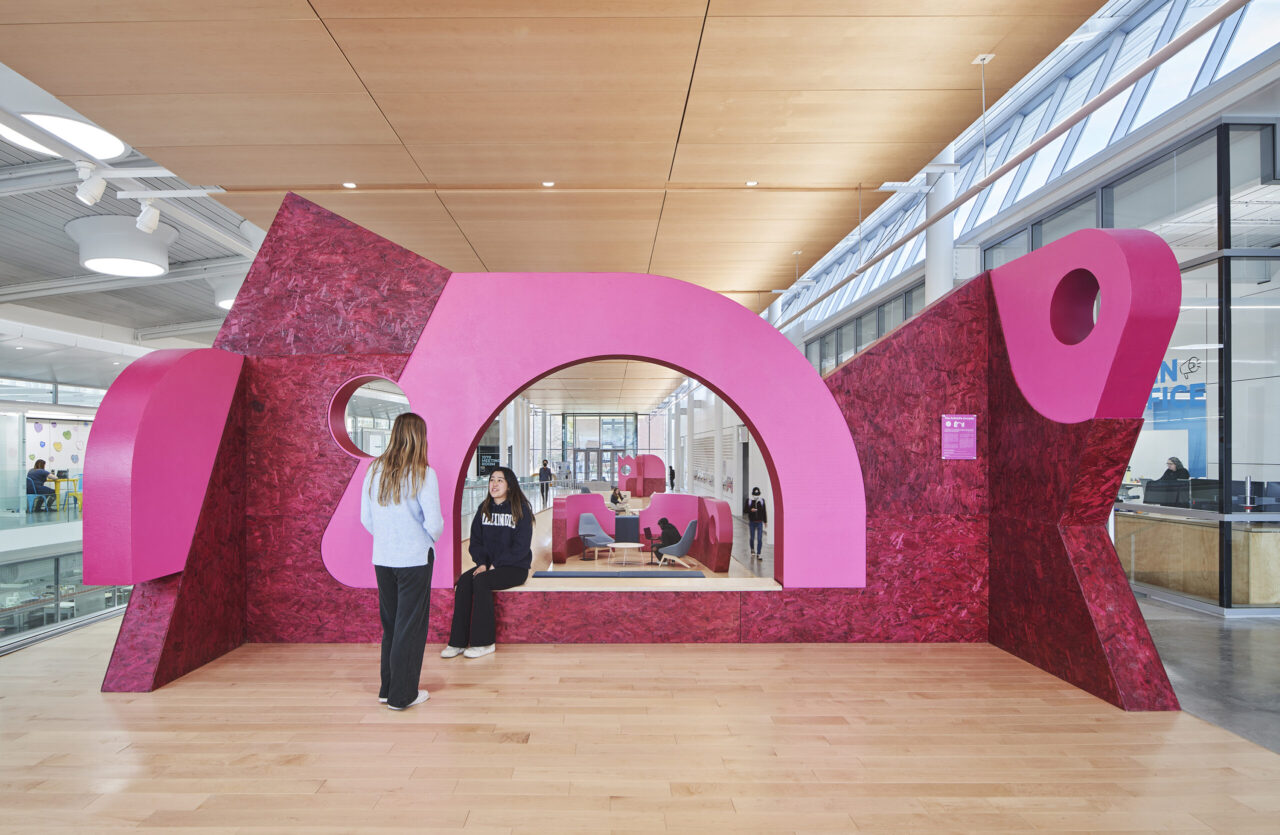 view of pink wood installation at the university of illinois