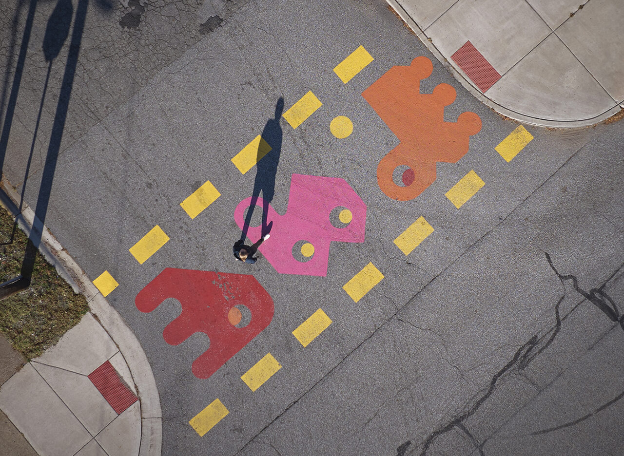 aerial view of a brightly painted crosswalk