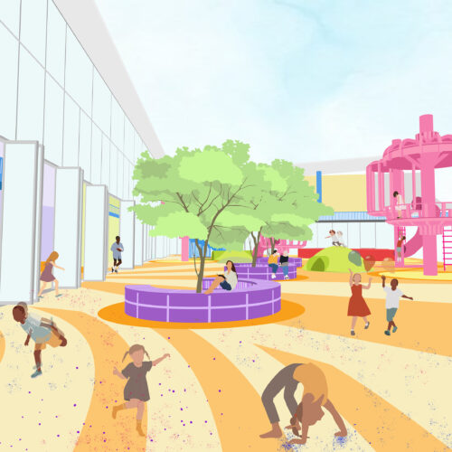 rendering of courtyard with trees and play spaces 