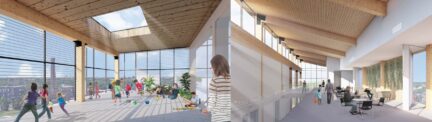 two interior renderings with wood ceilings