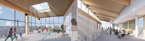 two interior renderings with wood ceilings