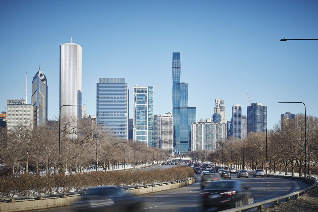 The Chicago skyline with St. Regis Chicago, center, the city’s third-tallest building.  Photo by Tom Harris, courtesy Studio Gang.