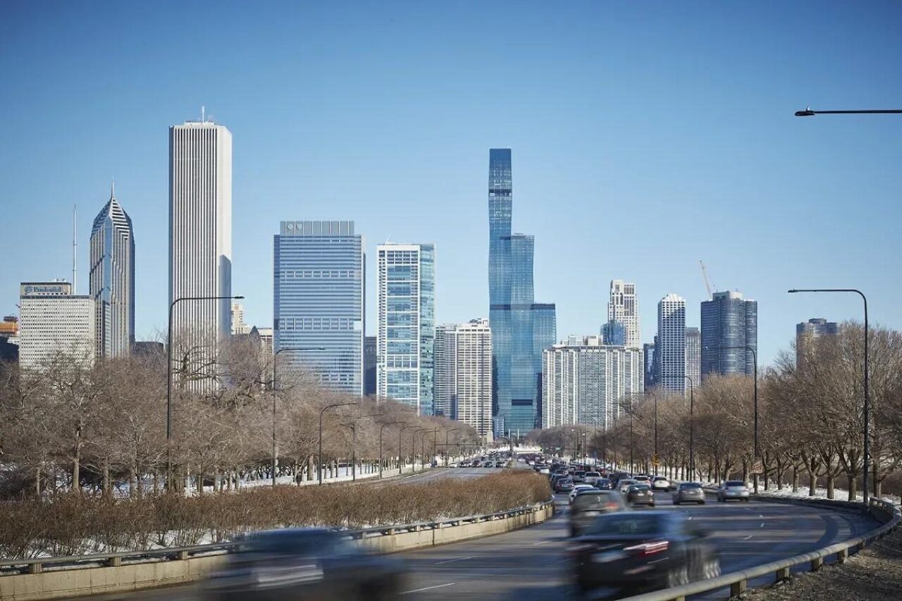 The Chicago skyline with St. Regis Chicago, center, the city’s third-tallest building. Photo by Tom Harris, courtesy Studio Gang.