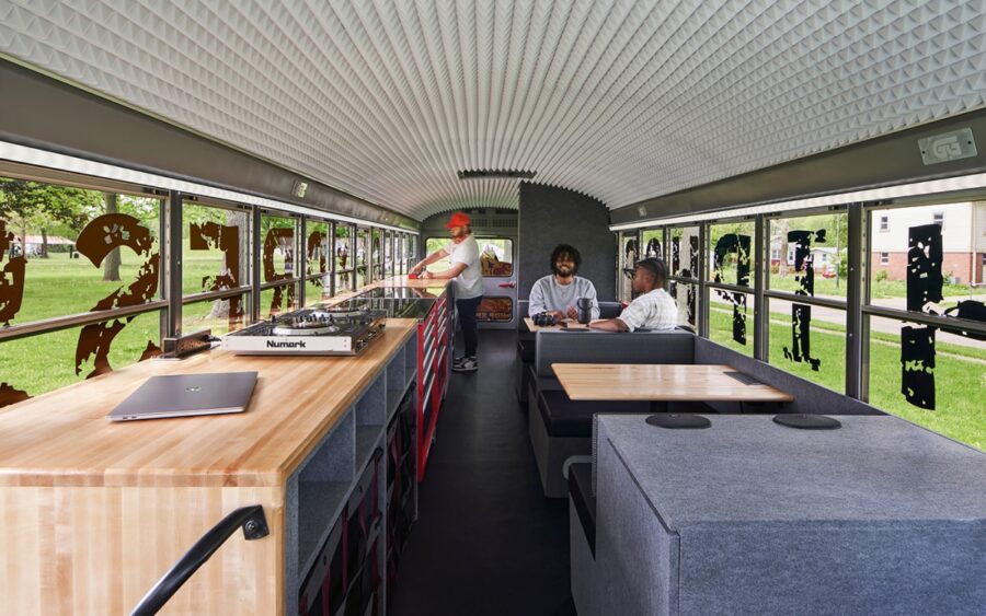 bus interior with people sitting