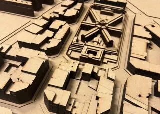 city blocks with buildings simulated as wood cutouts