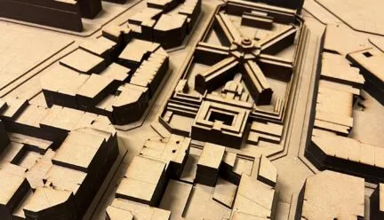 city blocks with buildings simulated as wood cutouts