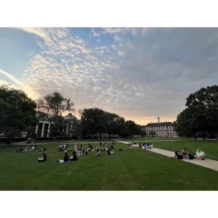sun going down on students working in north quad