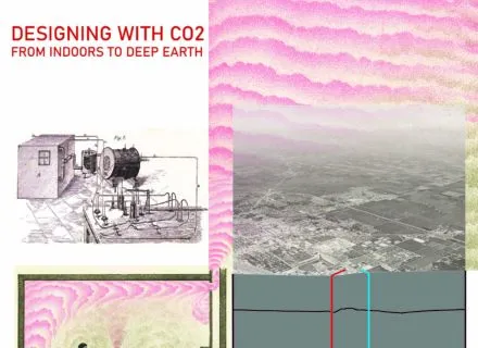 poster with 3 images; a black and white drawing of a CO2 test cabin, a colo drawing of a couple in a room with air movement, and an aerial view of a town