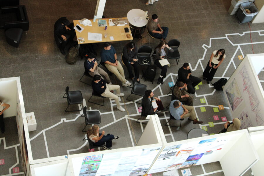 overhead view of people next to walls