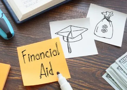 image with the words financial aid written on a post it note.