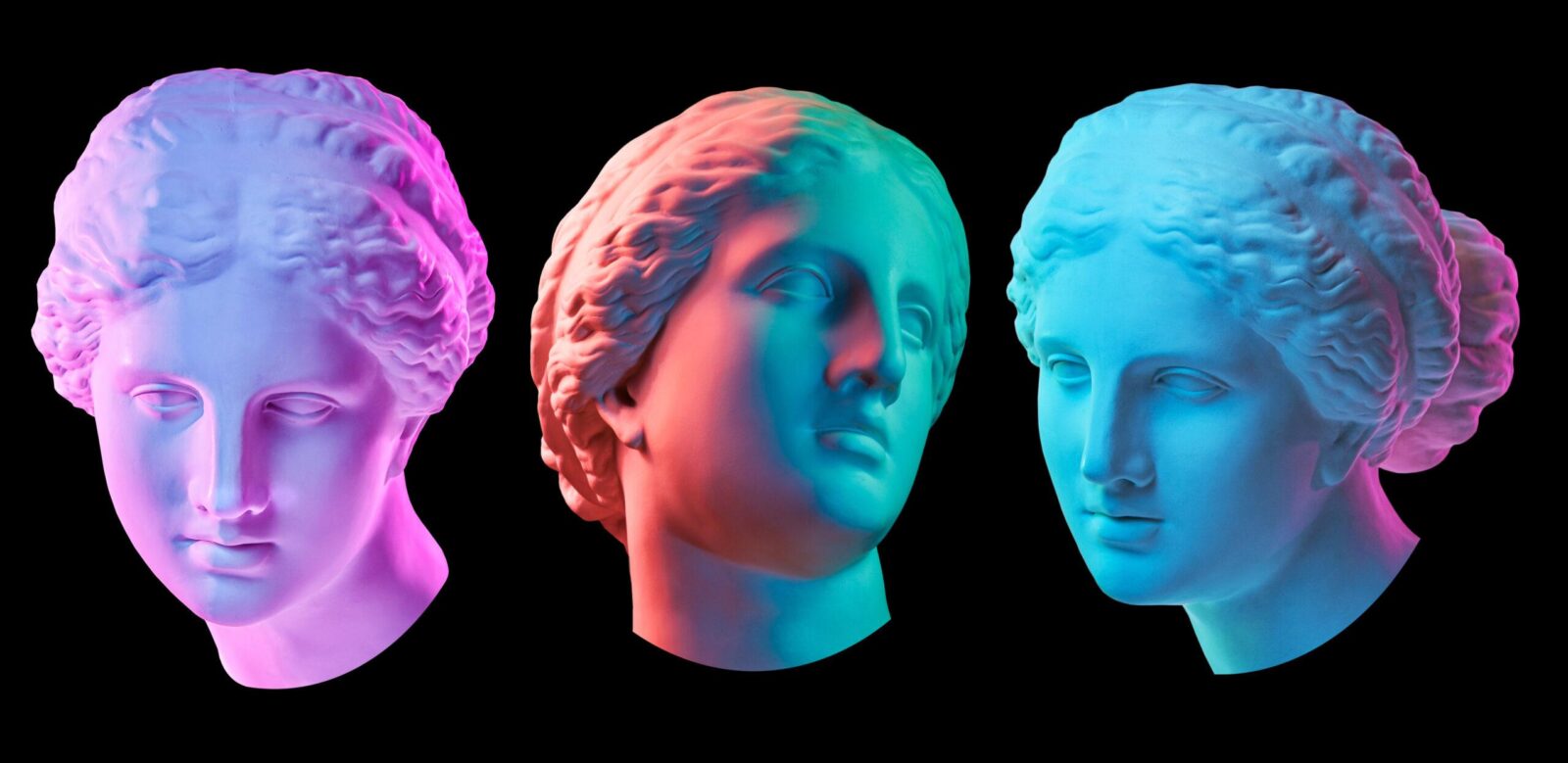 Statue of Venus de Milo. Creative concept colorful neon image with ancient greek sculpture Venus or Aphrodite head