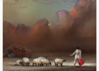 Painting of sheep and a naked person carrying a suitcase