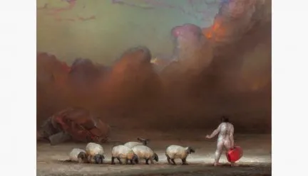 Painting of sheep and a naked person carrying a suitcase