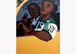 Painting of two men in a car by Langston Allston