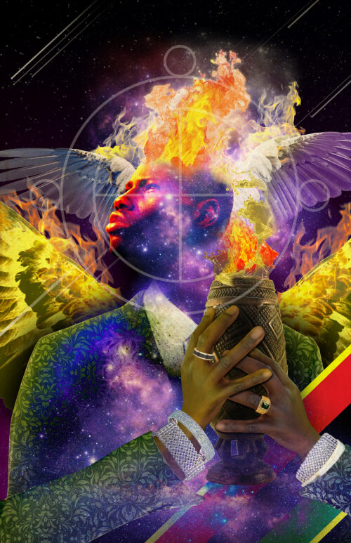 Black angel gazing intently with flaming crown and wings while holding a vessel of palm wine. 