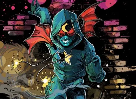 Black superhero with bat wings, clenched fist against a brick wall and and swirling magical smoke. 