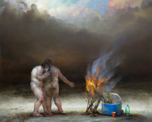 Nude Figures Amongst the Apocalypse with fire and provisions.