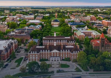 Aerial view of the campus looking south from the Illini Union