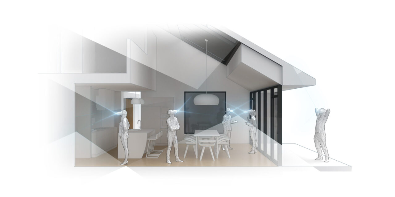 Architectural rendering of figures wearing VR headsets in a designed interior