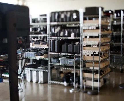 camera equipment on metal shelves