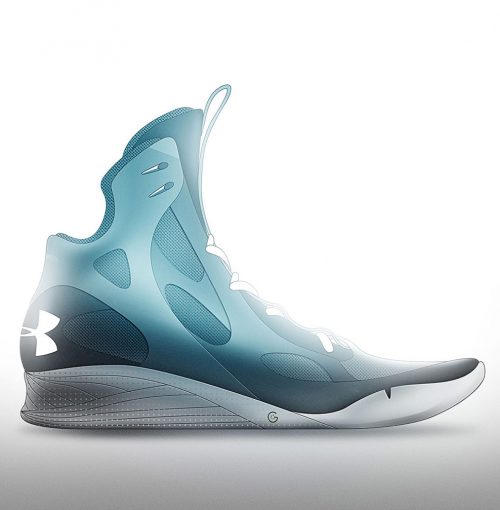 Technical rendering of a design for a high-top athletic shoe.