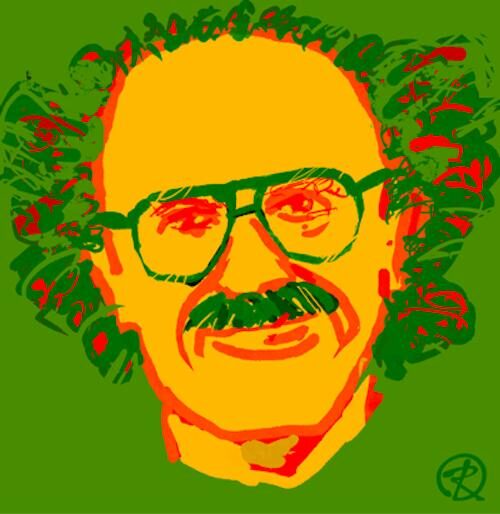 Bright graphic digital portrait of Ed Zagorski with aviator glasses, mustache and expressive hair