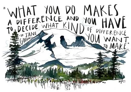 Landscape watercolor with quote from Jane Goodall that begins "What you do makes a difference"