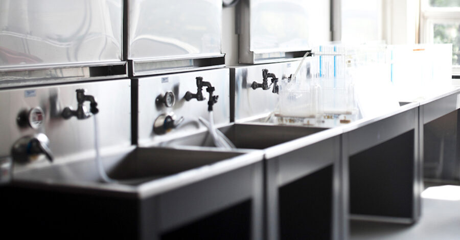 row of stainless steel darkroom sinks