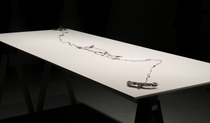 Photo of linear metal artwork arrayed across a white tabletop