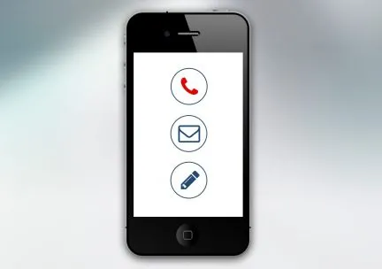 Smartphone showing graphic telephone, email, and pencil icons