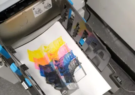 a print of a cat on a printer separated into yellow, magenta, cyan, and black