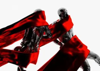 Digital image of black figures wrapped in red banners against a white ground