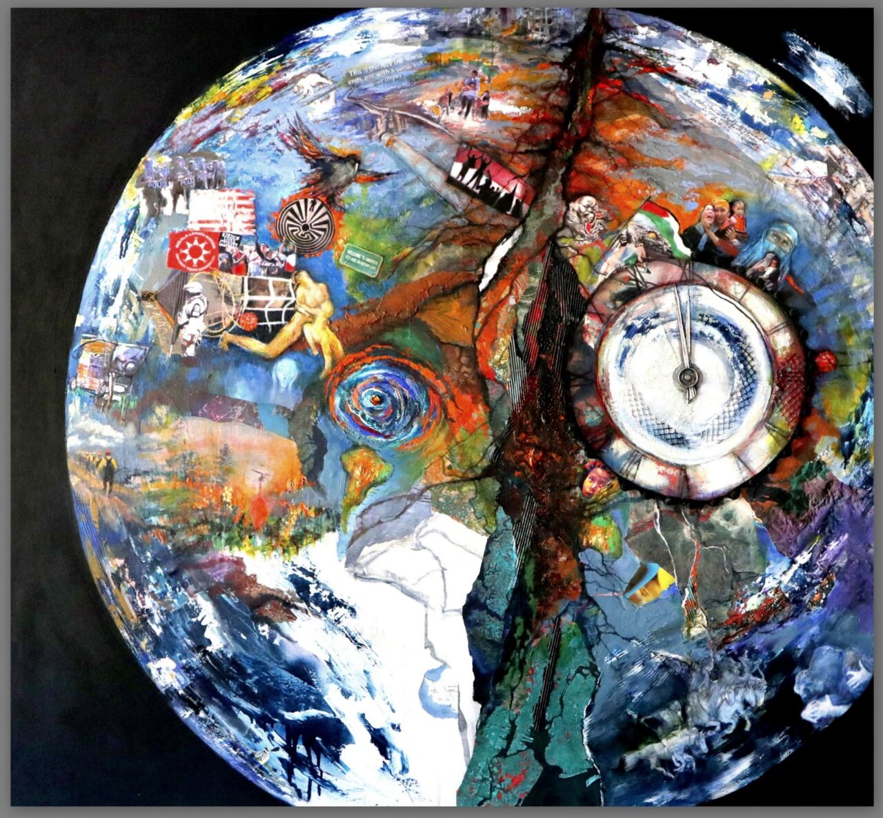 painting of sphere with  items inside