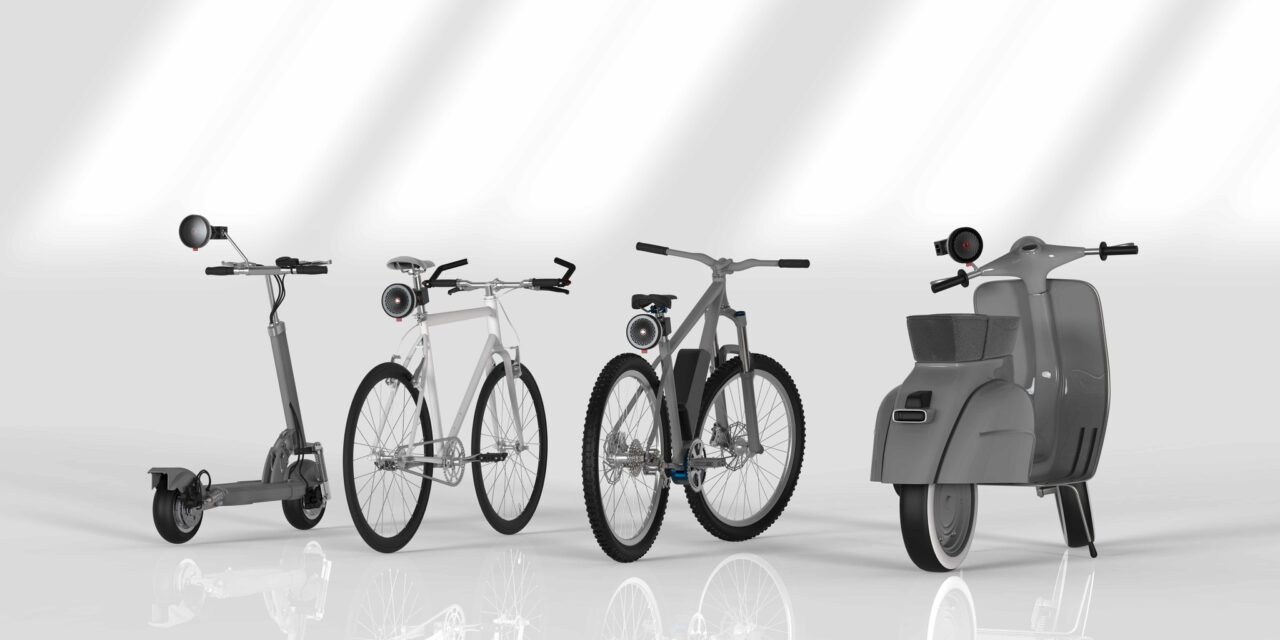 one scooter, two bicycles, one moped