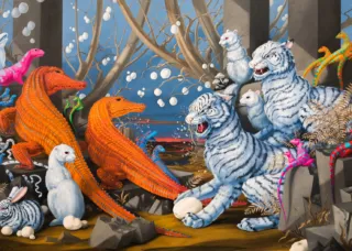 bright red reptiles and white striped tigers and other animals