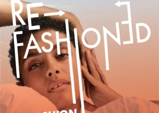 model with hands on side of face with text announcing Fashion Show