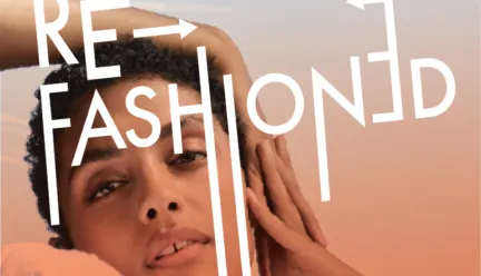 model with hands on side of face with text announcing Fashion Show