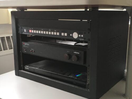 AV rack with switcher scaler and amp