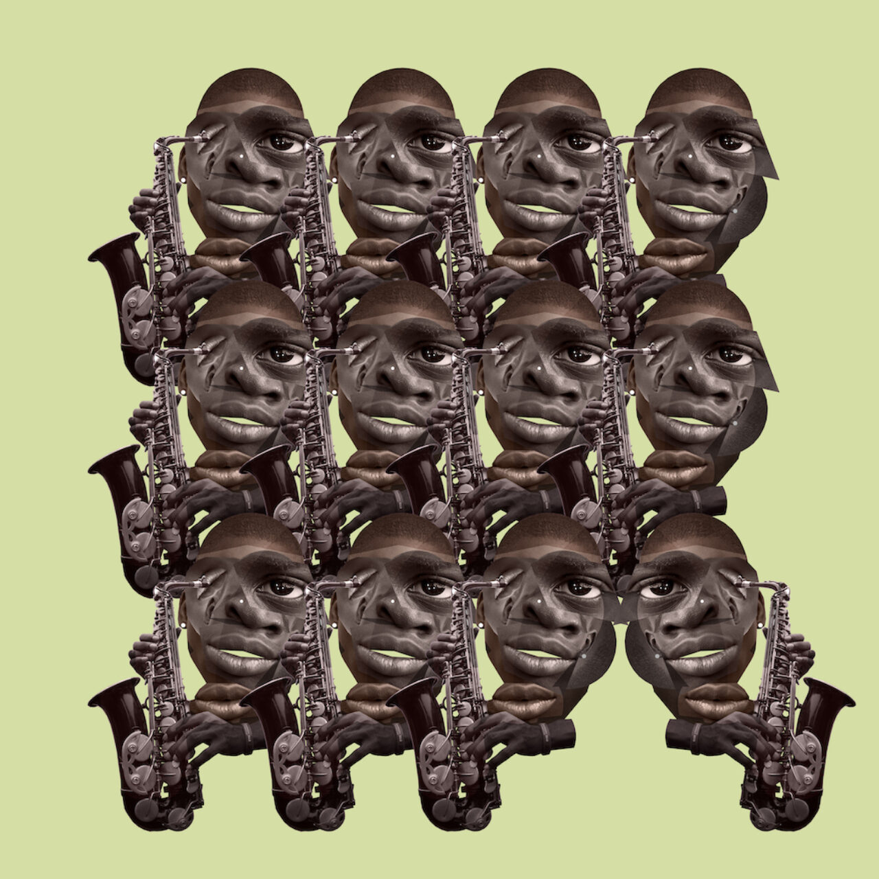 A photomontage of 12 faces with saxophones on a pale green background