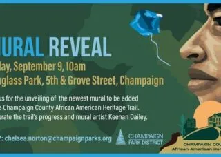 Mural Reveal with profile of black man and information on unveiling